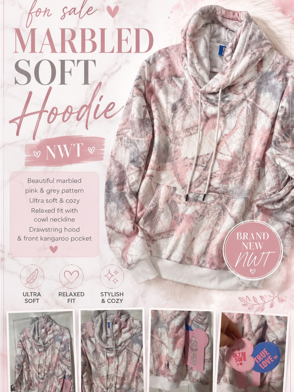Cozy Pink and Gray Patterned Hoodie soft fleece in pastels!